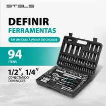 Jogo De Soquete Estriados 1/2 E 1/4 Com 94 Peças - Stels Cor Preto